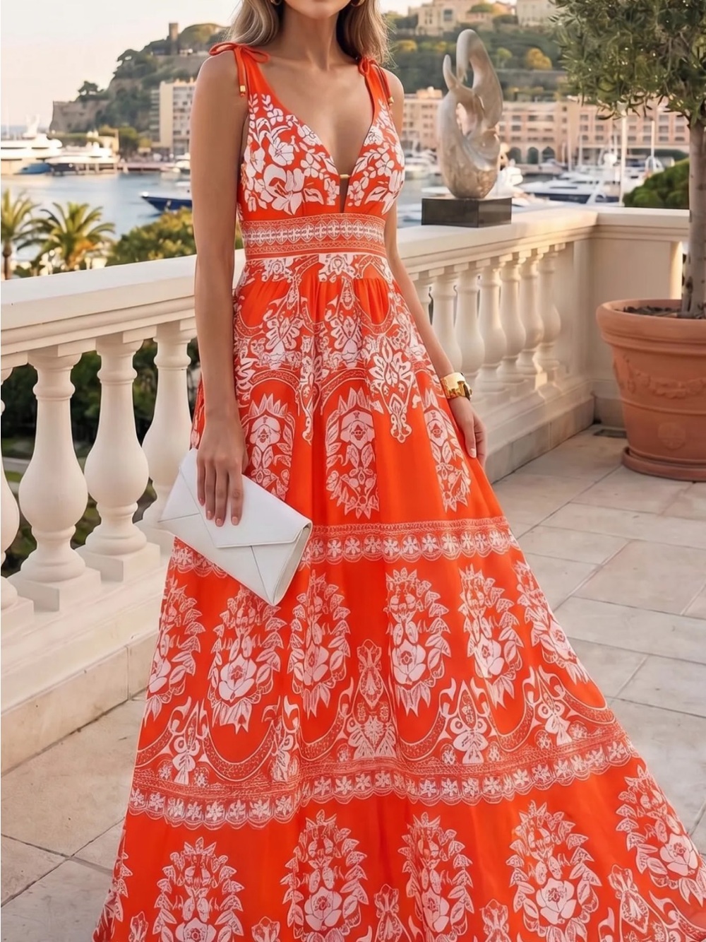 Red/orange Floral-Print One-Piece Swimsuit with V-Neck and Tie Straps